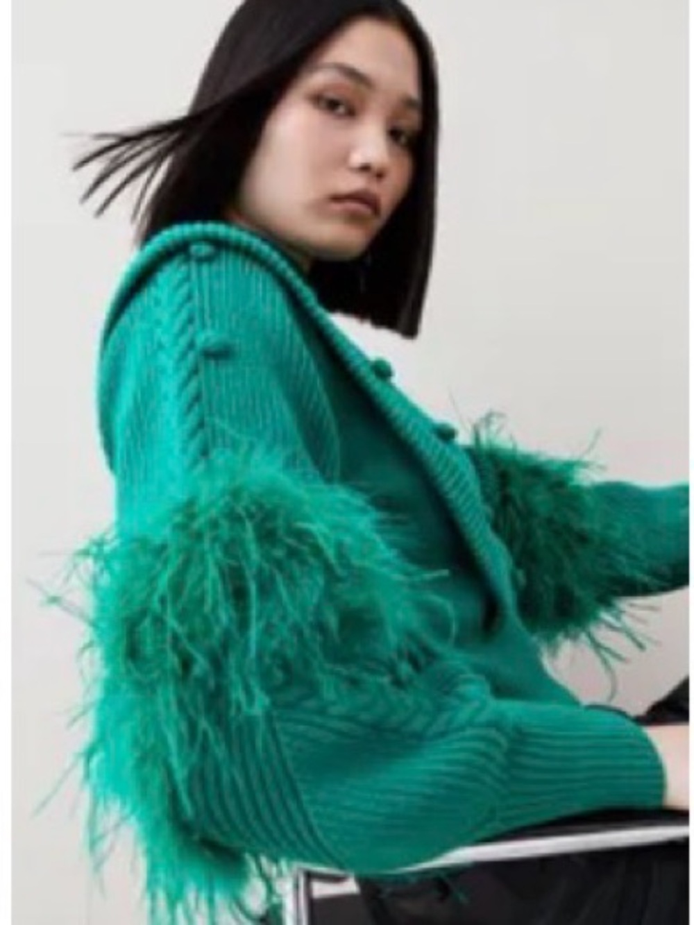 Karen Millen Green Feather-Trim Knit Sweater - Women